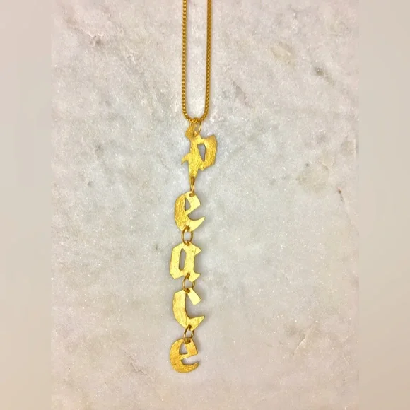 Gold Peace Necklace, handcrafted peace gold tone pendant w/24k gold plated chain - Picture 15 of 15